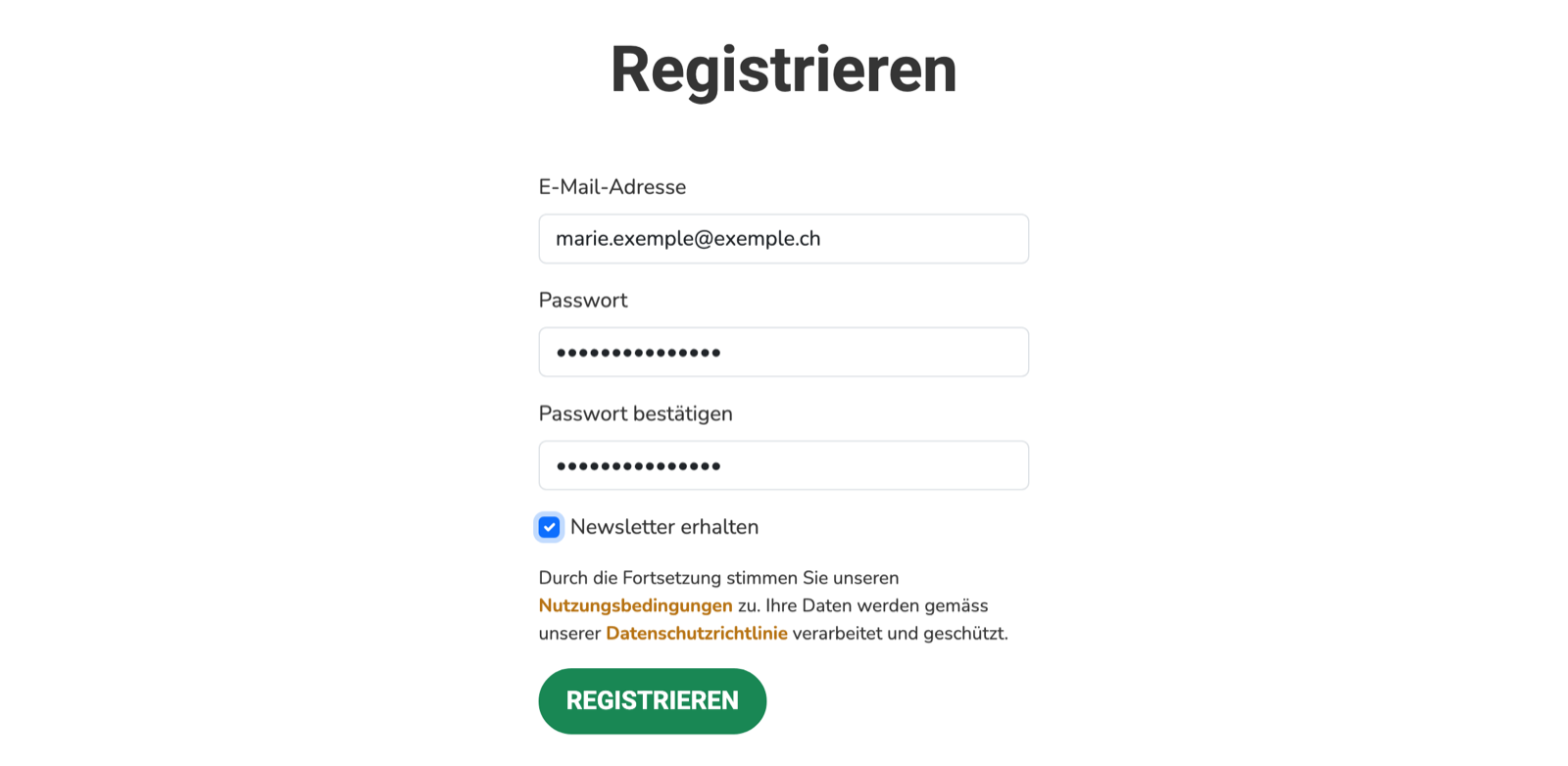 Registrierungsformular von BUYECO: E-Mail-Adresse, Passwort und Bestätigung des Passworts.
