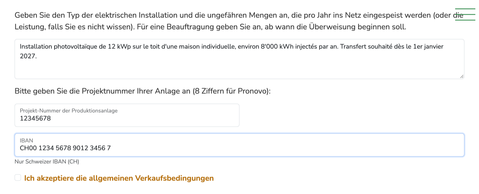 Validierungsformular von BUYECO: Beschreibung der Anlage, 8-stellige Pronovo-Projektnummer, IBAN und Annahme der Allgemeinen Verkaufsbedingungen.