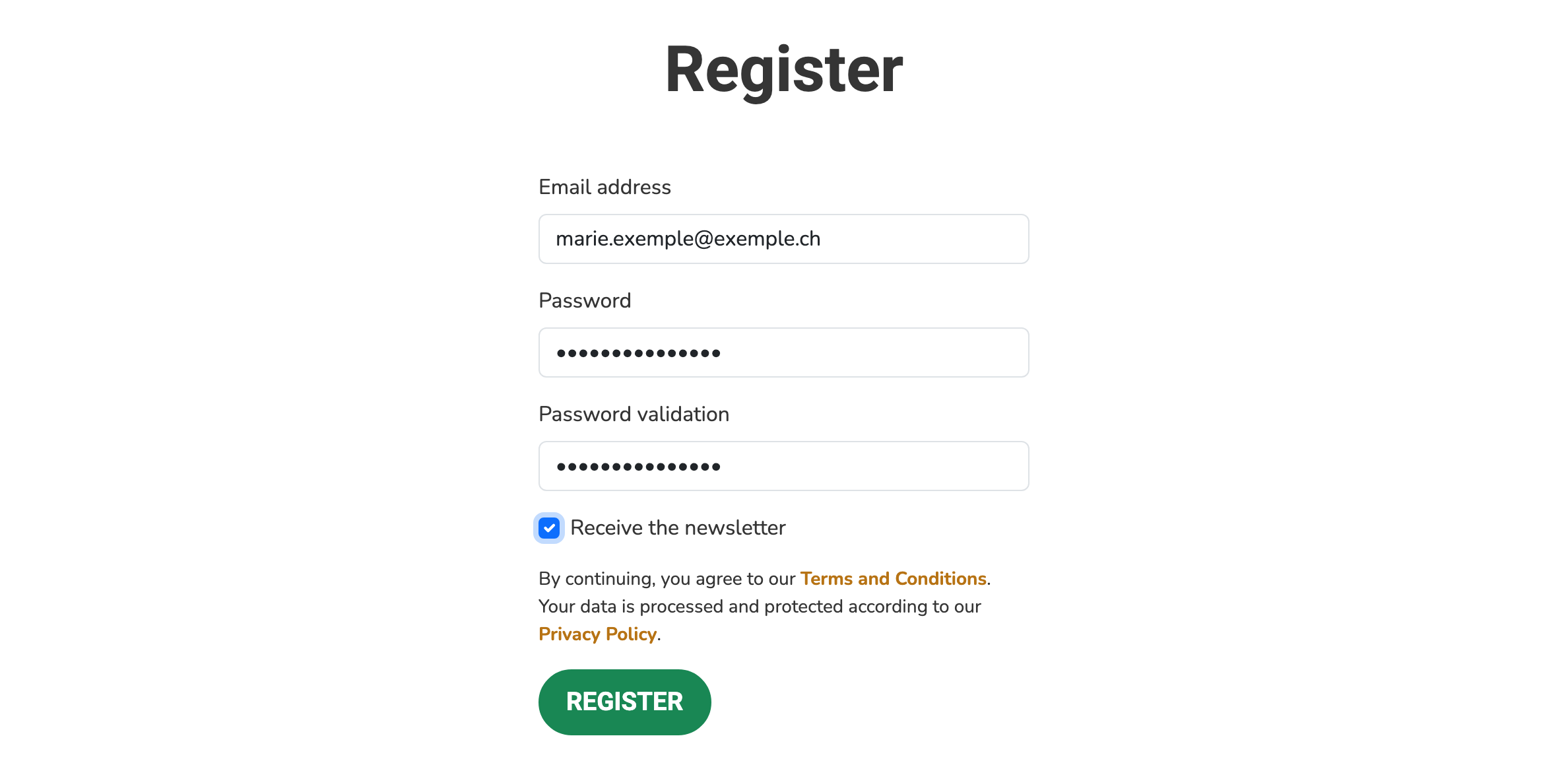 BUYECO registration form: e-mail address, password and password confirmation.