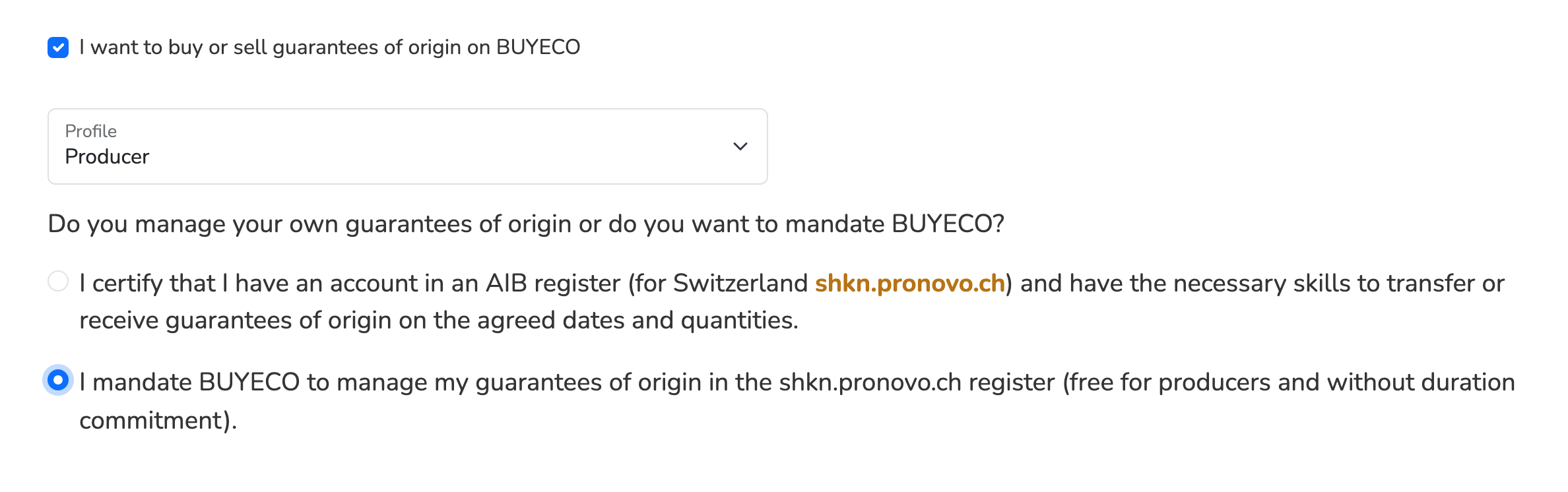 BUYECO validation form: checkbox “I want to buy or sell guarantees of origin”, Producer profile and the option “I mandate BUYECO to manage my guarantees of origin” selected.