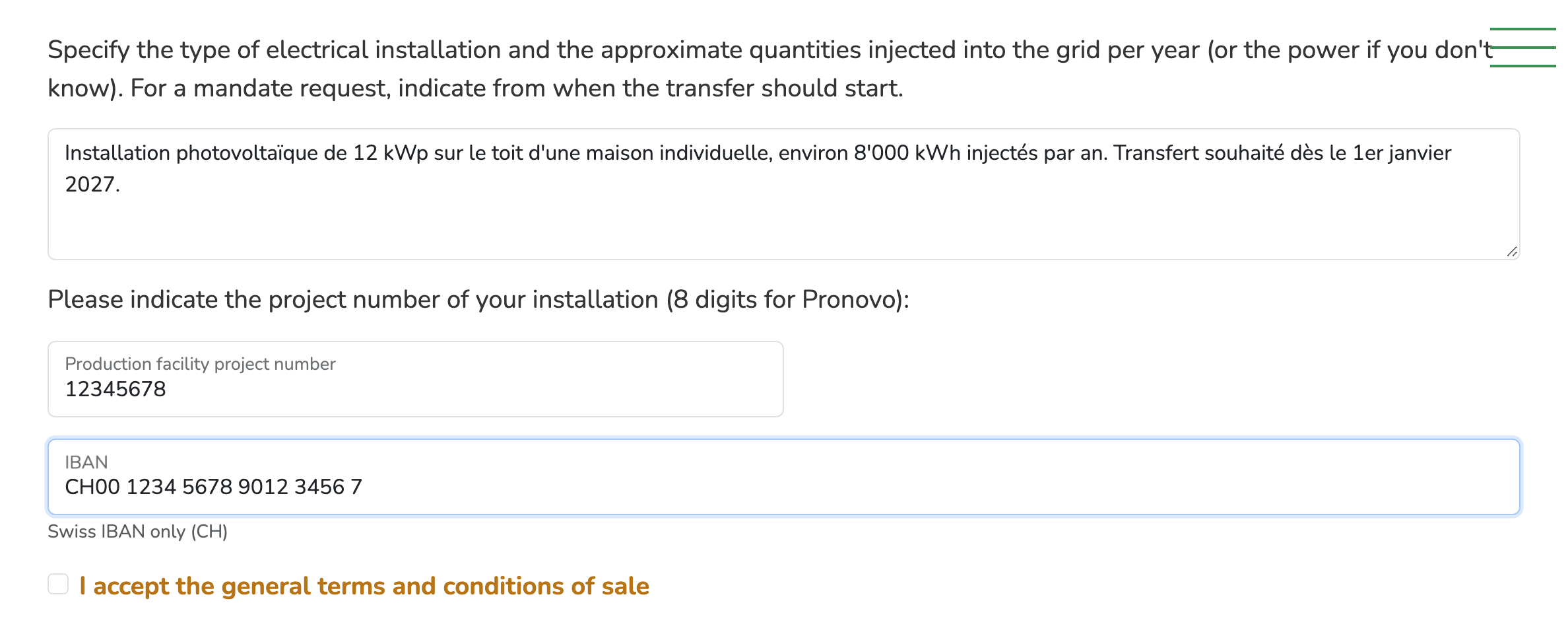 BUYECO validation form: installation description, 8-digit Pronovo project number, IBAN and acceptance of the general terms and conditions of sale.
