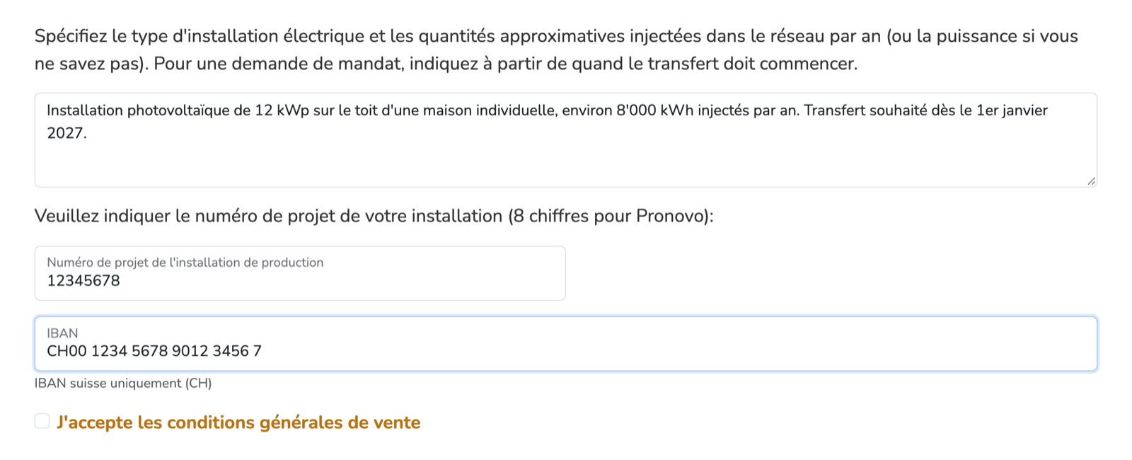 Formulaire de validation BUYECO : description de l'installation, numéro de projet Pronovo à 8 chiffres, IBAN et acceptation des conditions générales de vente.