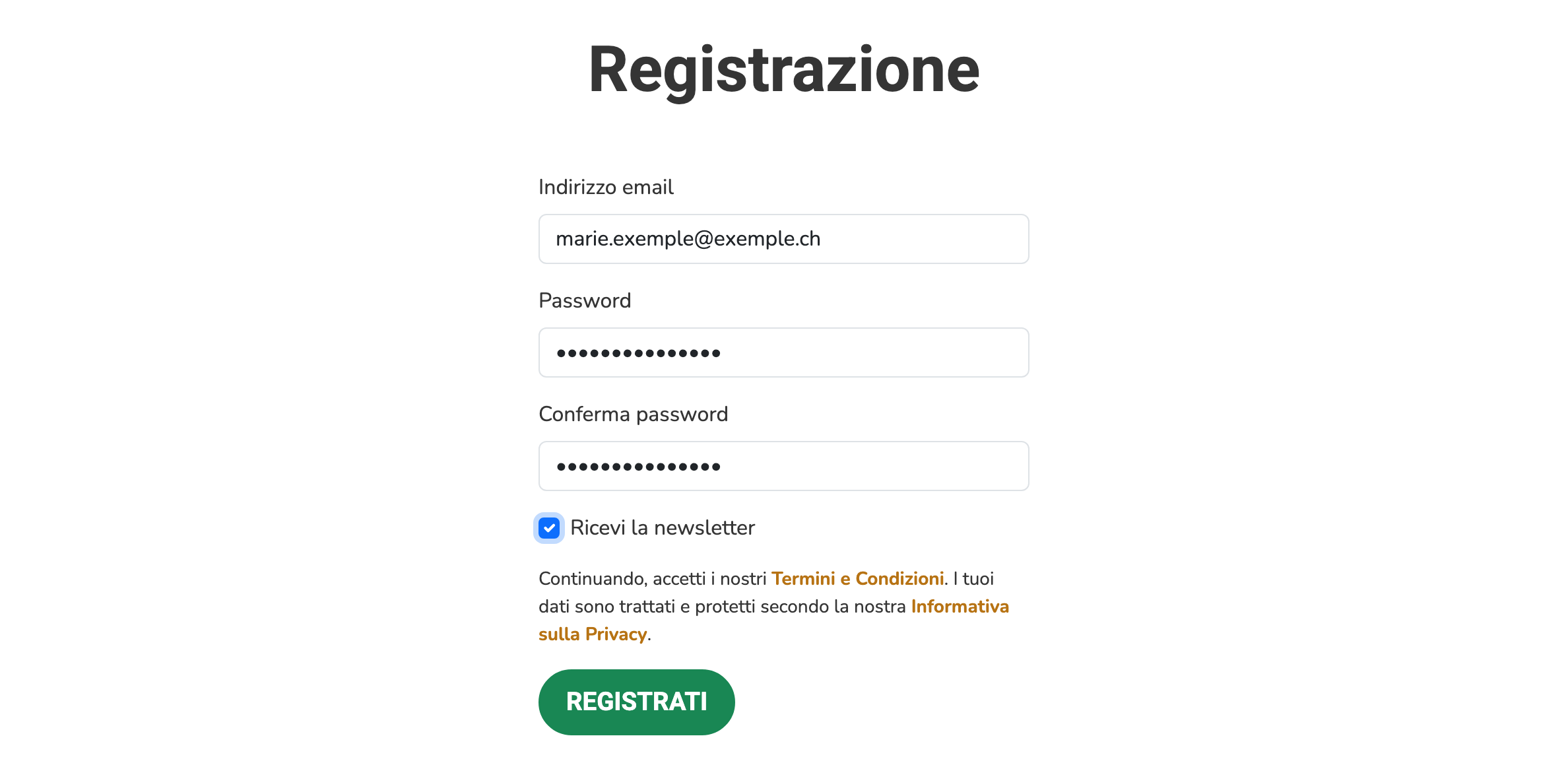 Modulo di registrazione BUYECO: indirizzo e-mail, password e conferma della password.