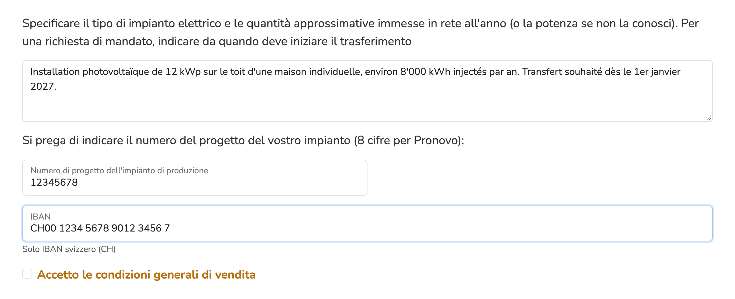 Modulo di convalida BUYECO: descrizione dell'impianto, numero di progetto Pronovo a 8 cifre, IBAN e accettazione delle condizioni generali di vendita.
