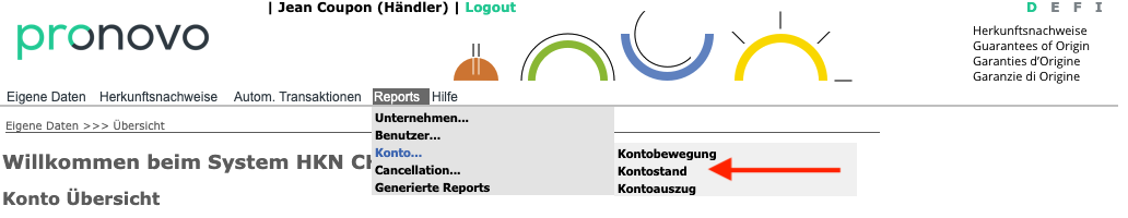 Menü Berichte im Pronovo-Portal, Auswahl Konto → Kontostand.