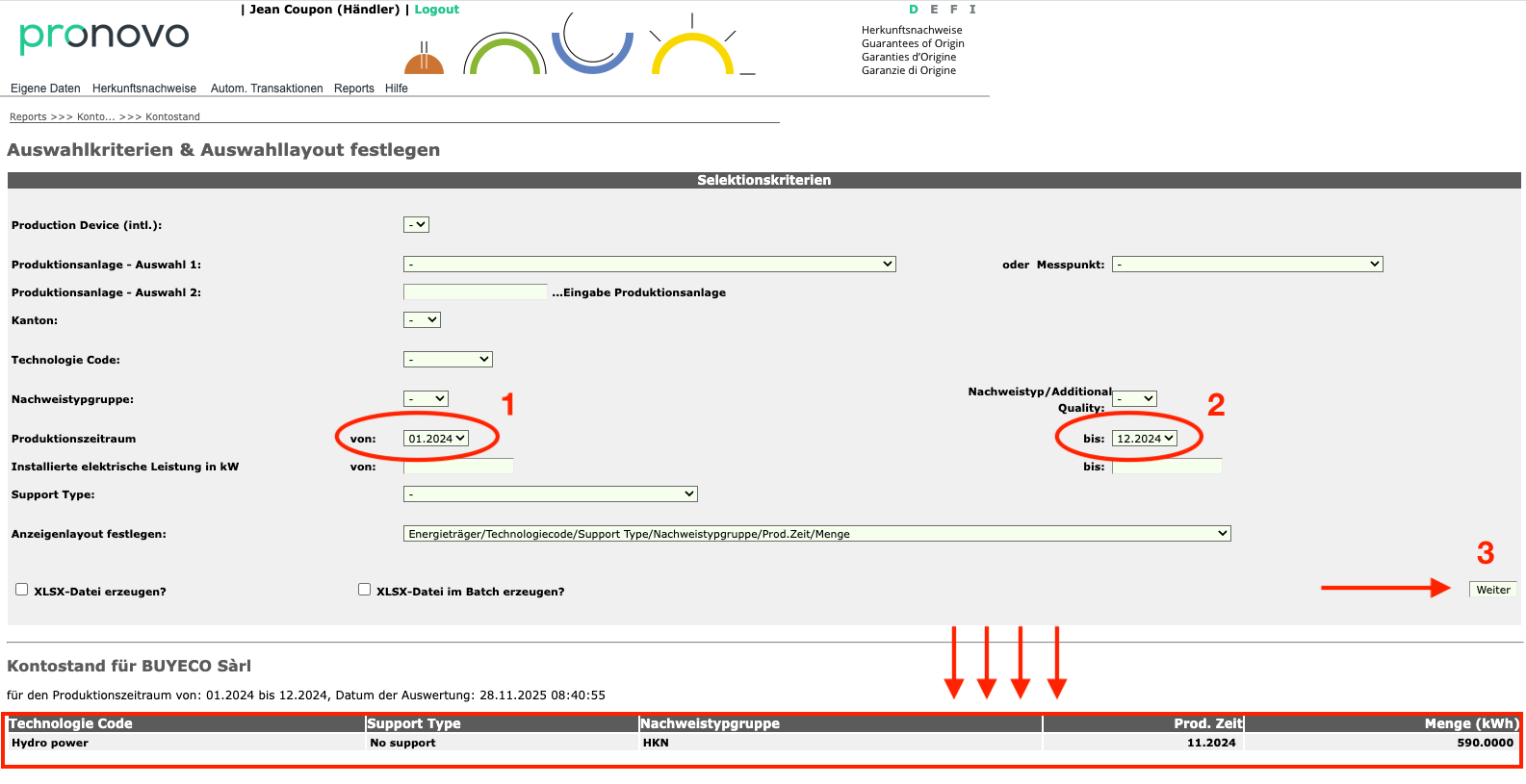 Auswahlkriterien auf Pronovo mit Feldern für Produktionsperiode und Button Weiter.