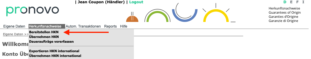 Pronovo-Seite (shkn.pronovo.ch) mit dem Menü 'Herkunftsnachweise' und dem Button 'Bereitstellen HKN'.