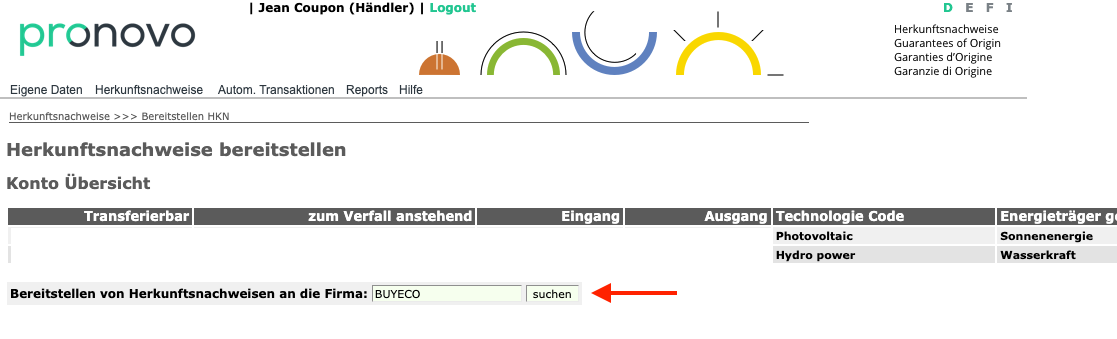 Pronovo-Seite (shkn.pronovo.ch) mit der Seite 'Herkunftsnachweise - Bereitstellen' und einer Uebersicht Ihres Kontos.