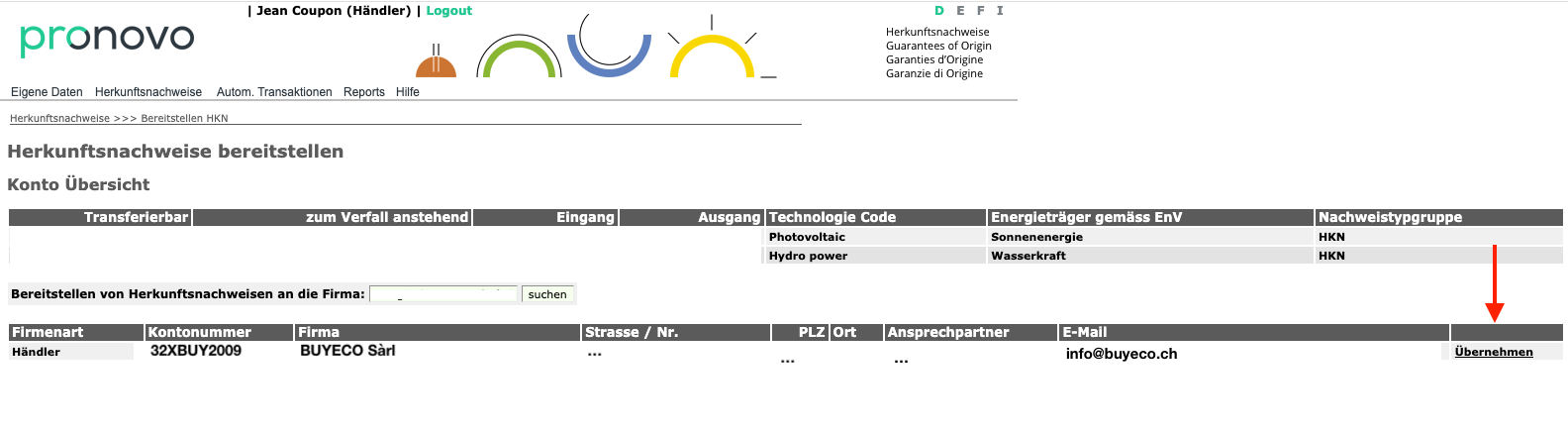 Pronovo-Seite (shkn.pronovo.ch) mit der Seite 'Herkunftsnachweise - Bereitstellen' und einer Uebersicht Ihres Kontos.