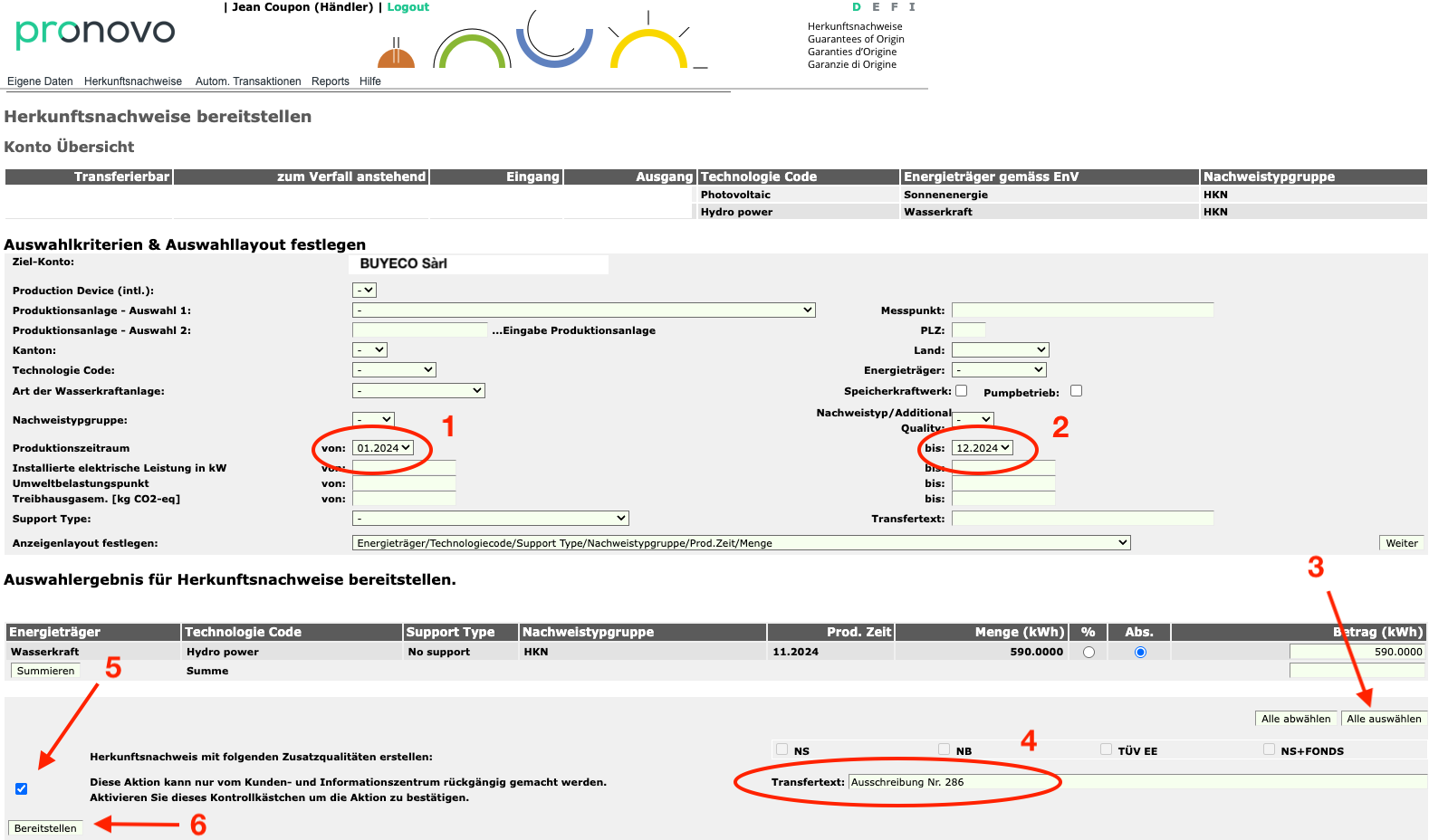 Pronovo-Seite (shkn.pronovo.ch) mit der Seite 'Herkunftsnachweise - Bereitstellen' und einer Uebersicht Ihres Kontos.